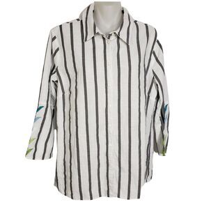 Sharon Young Womens Top Small Gray Striped 100% Linen Embroidered Button Up 3/4